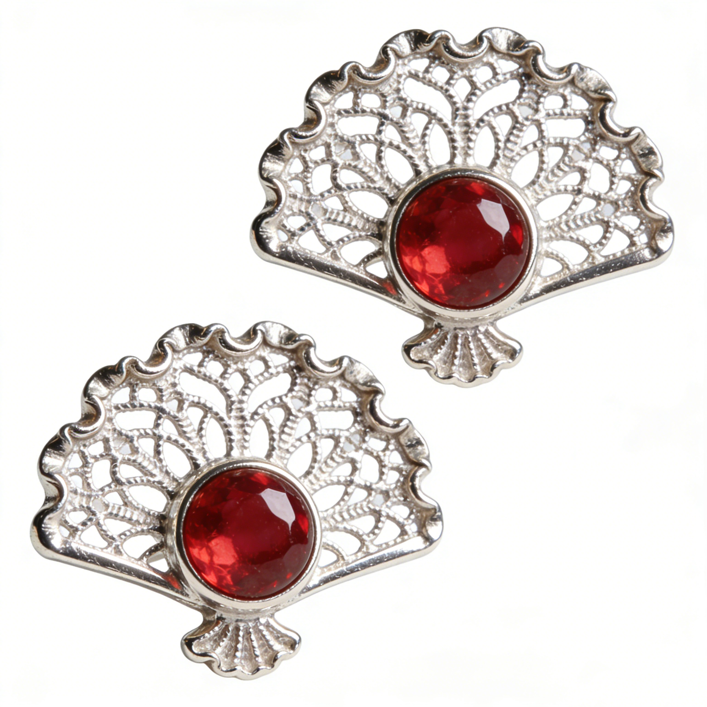 Silver Fan & Red Gem Stud Earrings