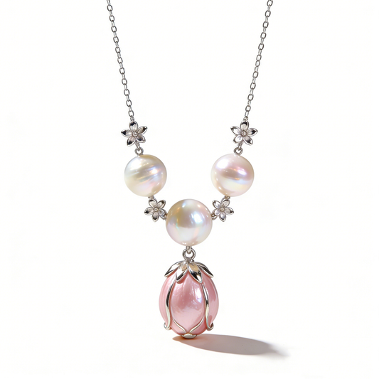 Silver Pearl & Pink Flower Bud Pendant Necklace