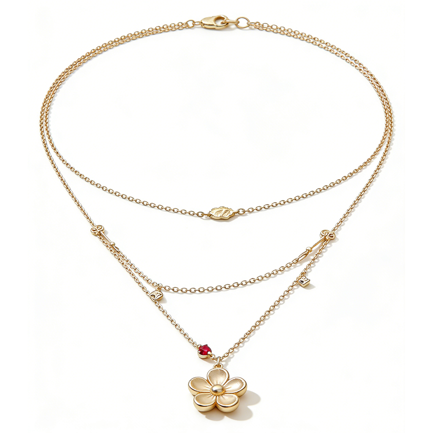 Multi-Layer Gold Flower & Red Gem Necklace
