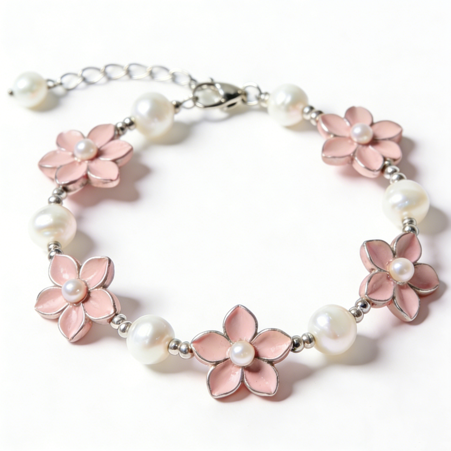 Pink Flower & White Pearl Beaded Bracelet
