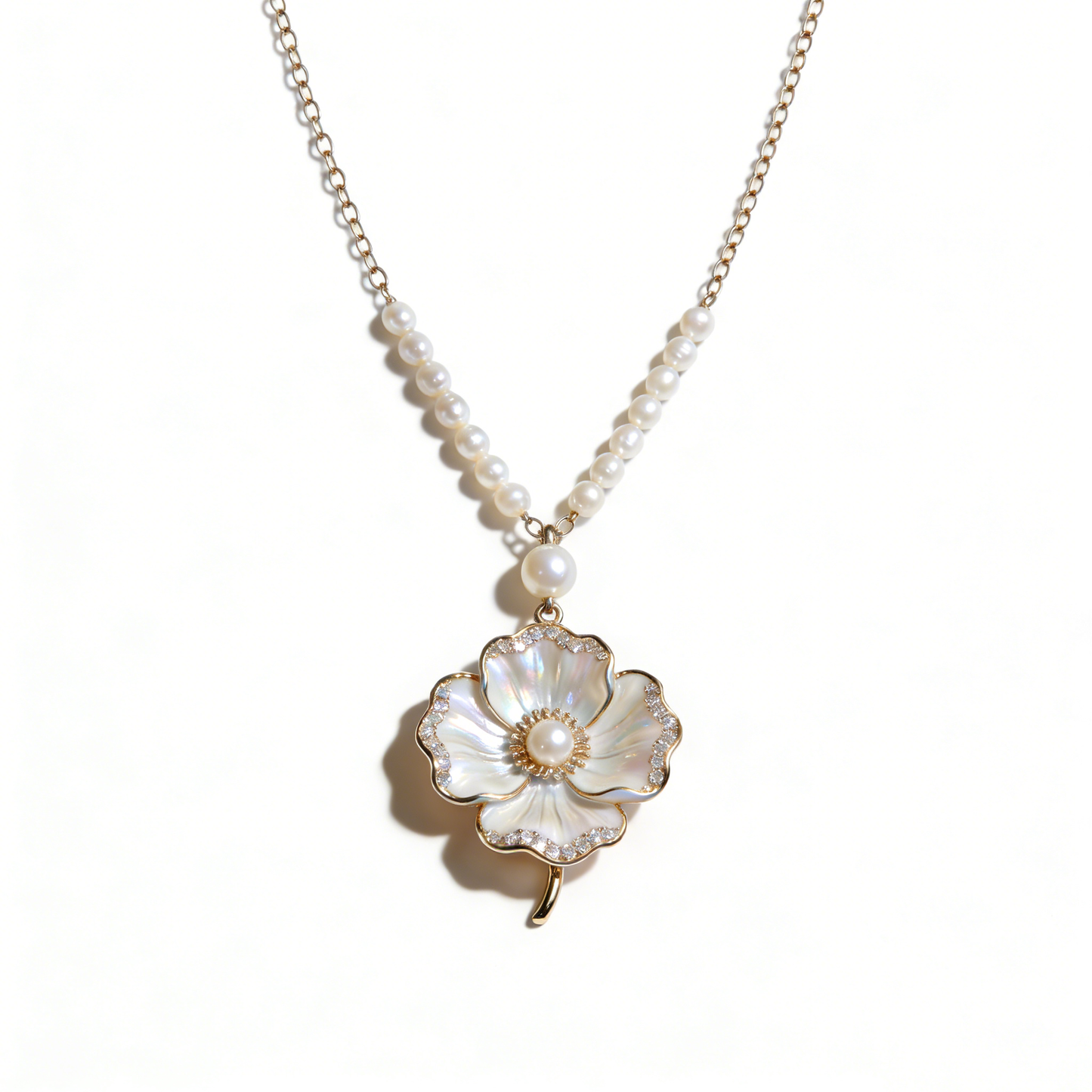 Gold Mother-of-Pearl Flower Pendant Necklace
