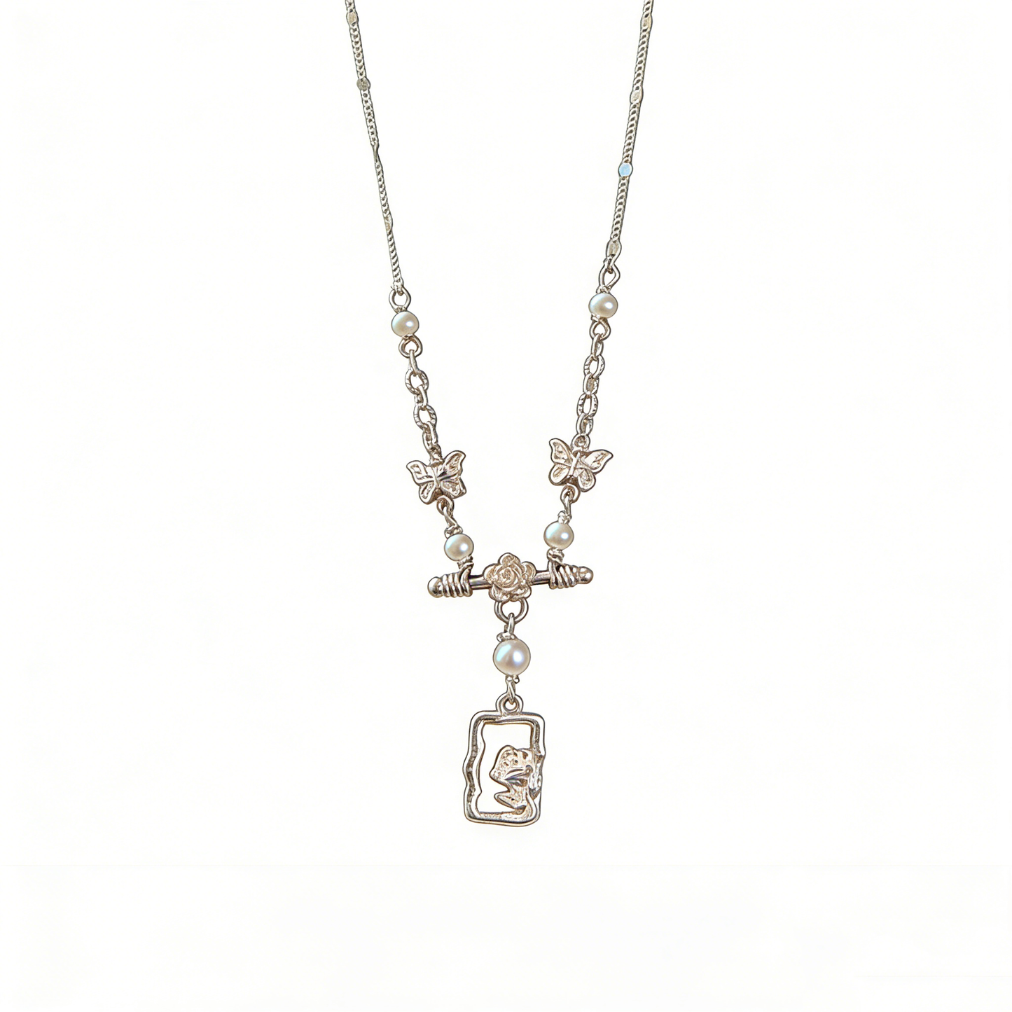 Silver Butterfly & Rose T-Bar Pendant Necklace