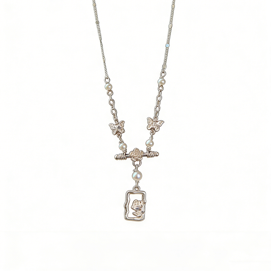 Silver Butterfly & Rose T-Bar Pendant Necklace