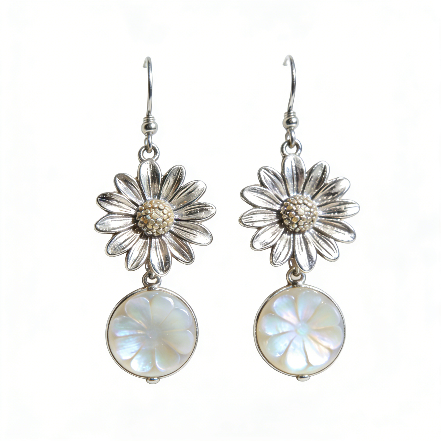 Silver Daisy & Mother-of-Pearl Drop Earrings