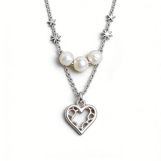 Star & Heart Layered Pearl Necklace