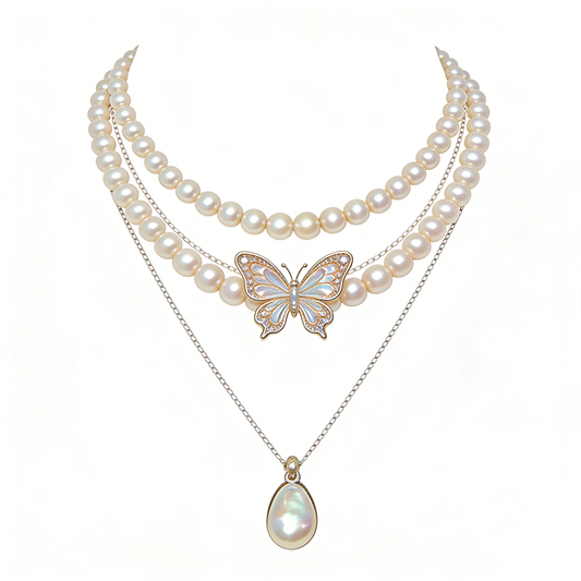 Triple Layer Pearl & Butterfly Pendant Necklace