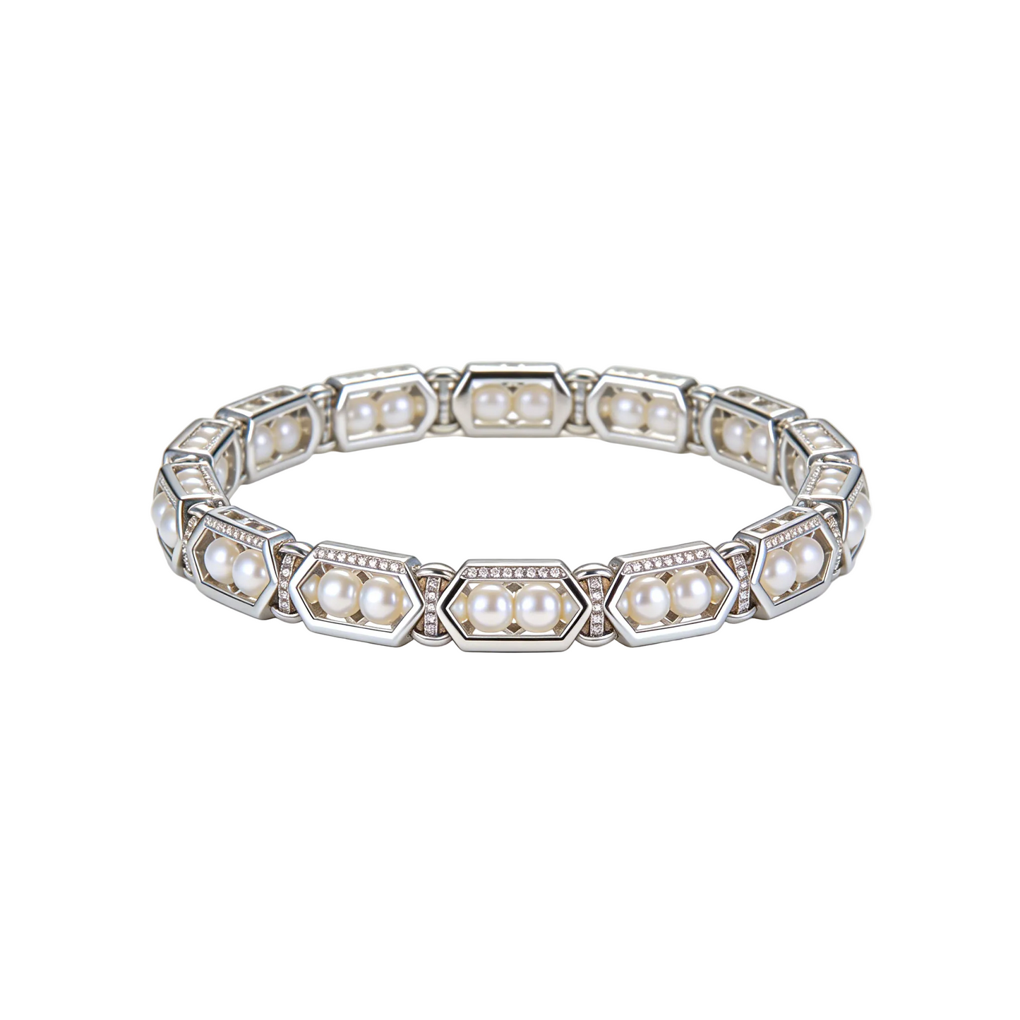 Silver Hexagon Link Pearl Bangle