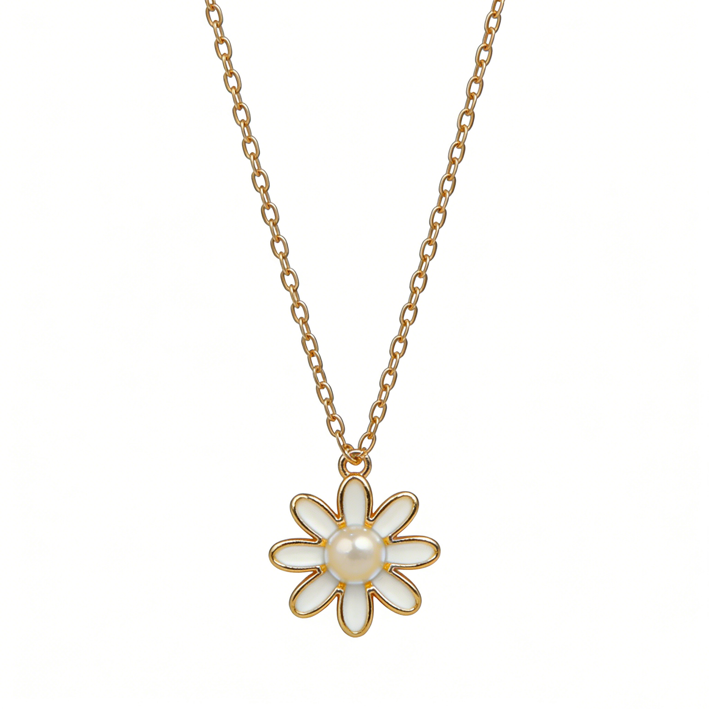 Gold Enamel Daisy Pearl Pendant Necklace