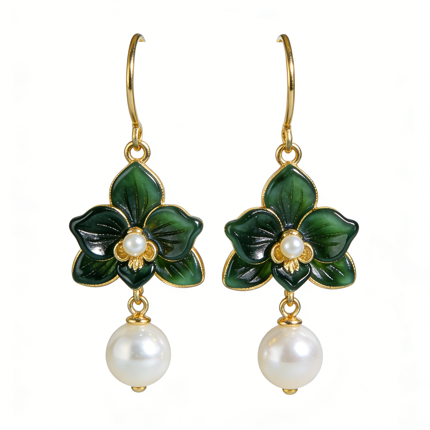 Gold Green Enamel Orchid & Pearl Drop Earrings