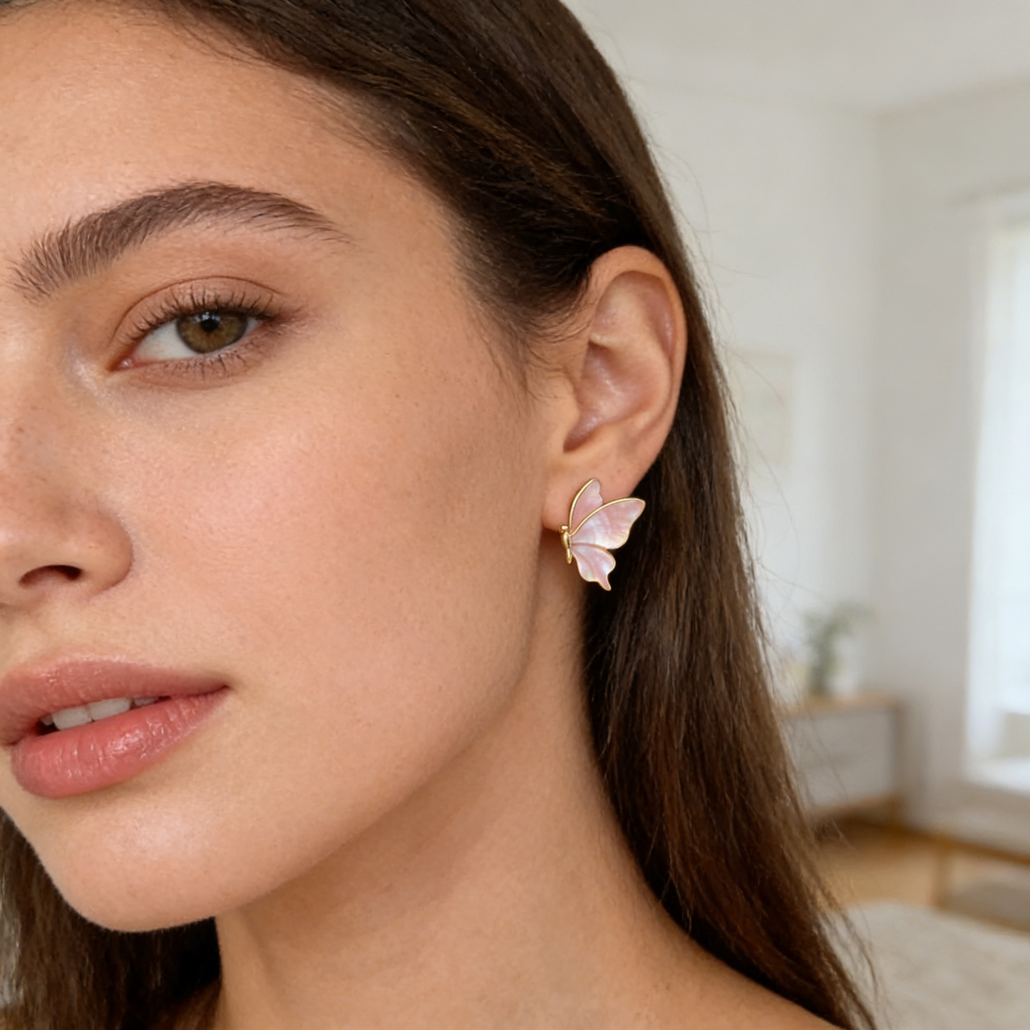 Gold Pink Mother-of-Pearl Butterfly Stud Earrings