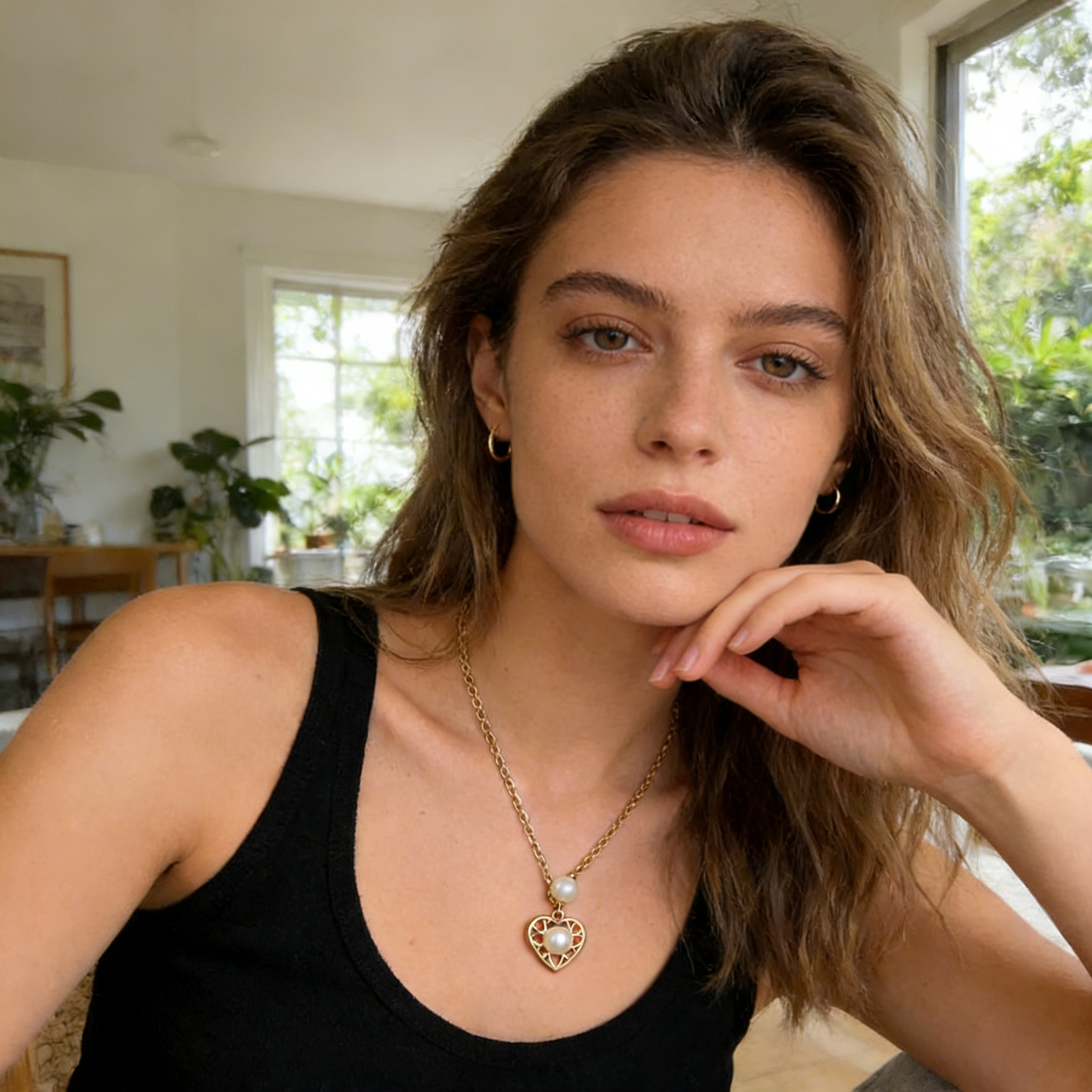 Gold Open Heart Pearl Pendant Necklace