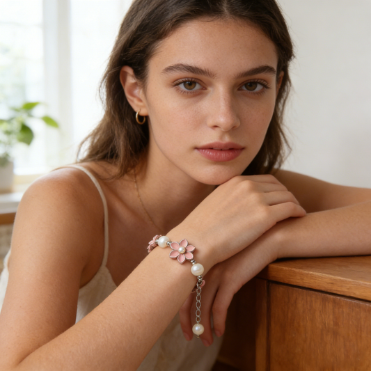 Pink Flower & White Pearl Beaded Bracelet