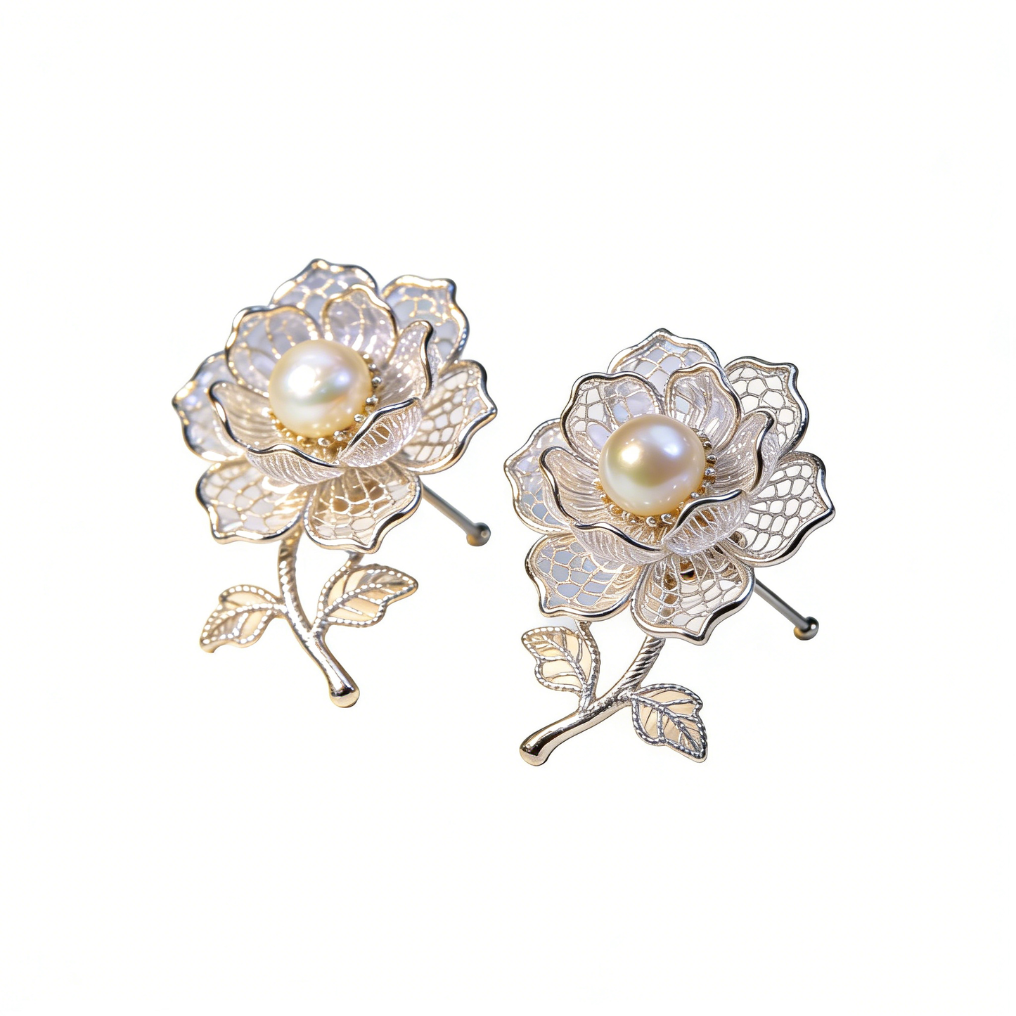 Silver Filigree Flower & Pearl Stud Earrings