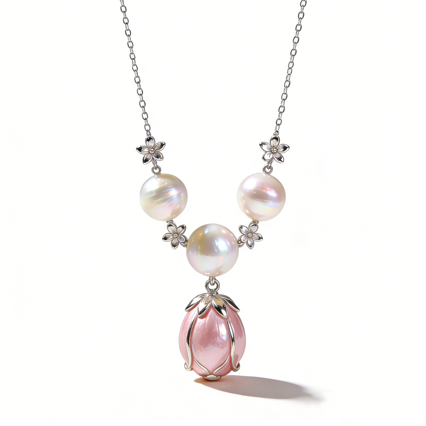 Silver Pearl & Pink Flower Bud Pendant Necklace