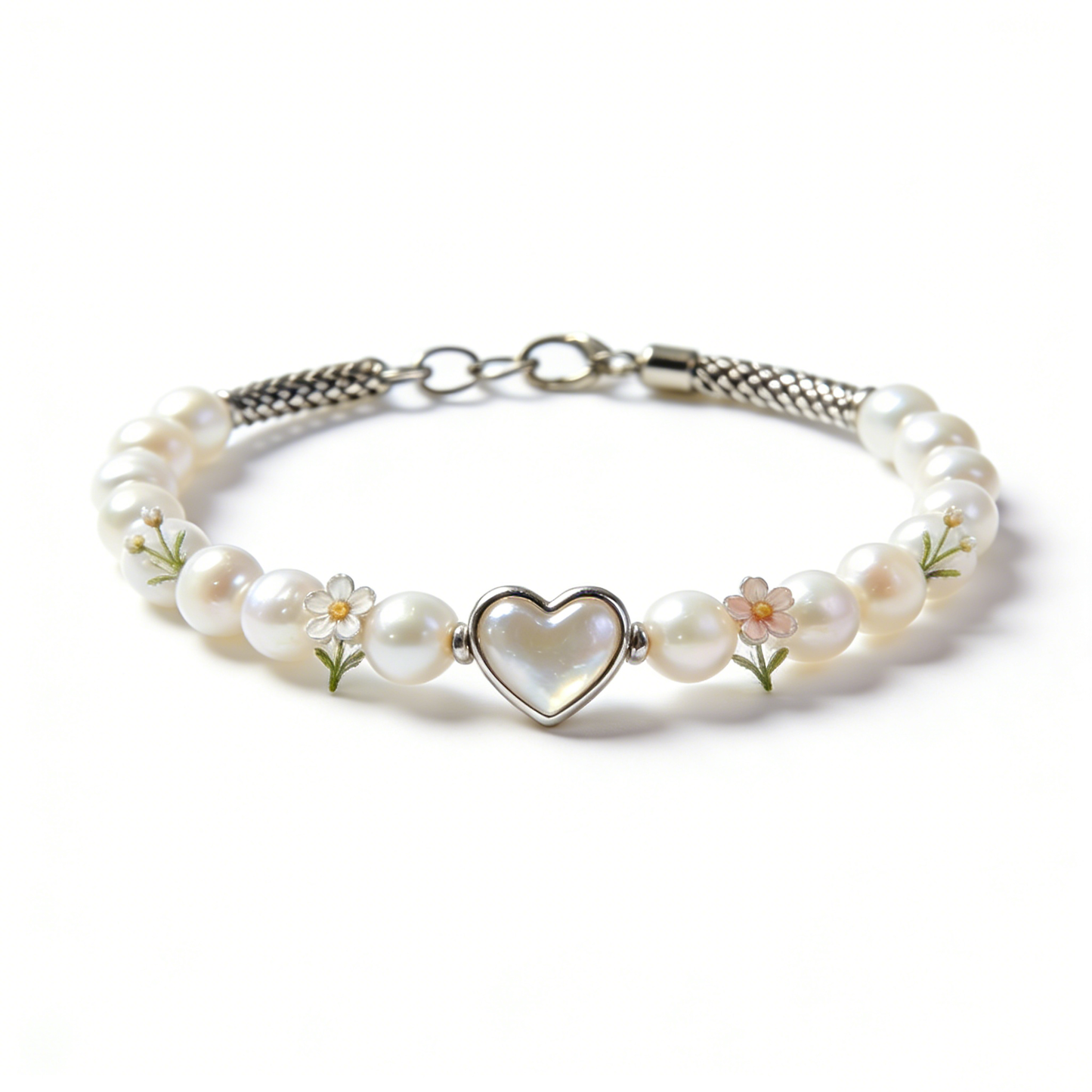 Silver Heart Mother-of-Pearl & Daisy Pearl Bracelet