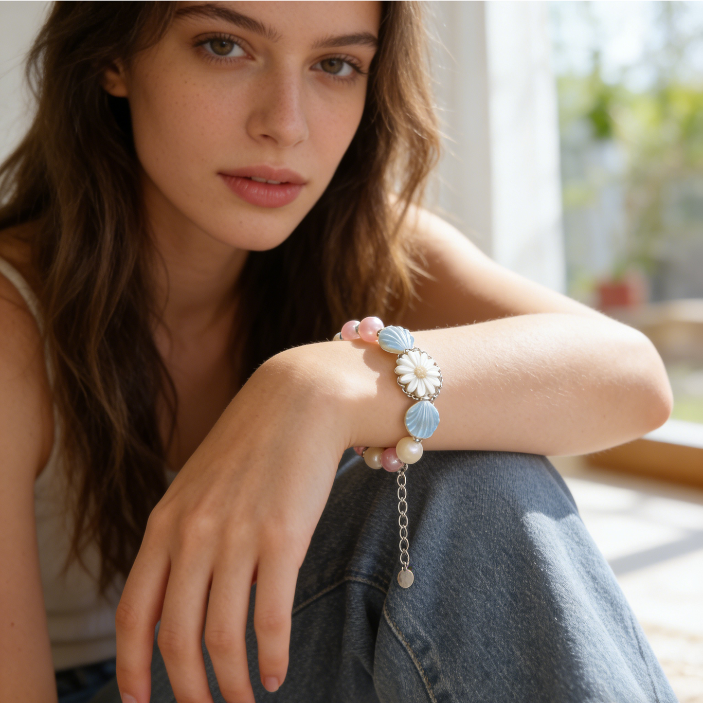 Pastel Daisy & Shell Beaded Bracelet