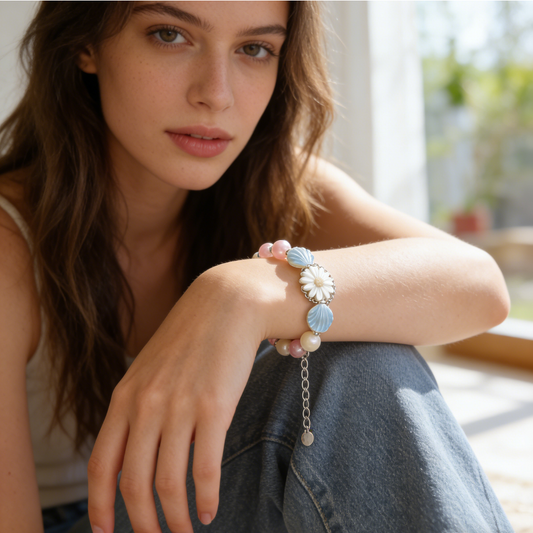 Pastel Daisy & Shell Beaded Bracelet