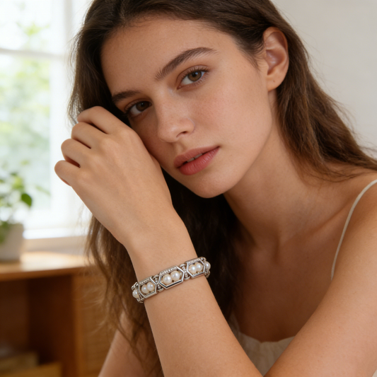 Silver Hexagon Link Pearl Bangle