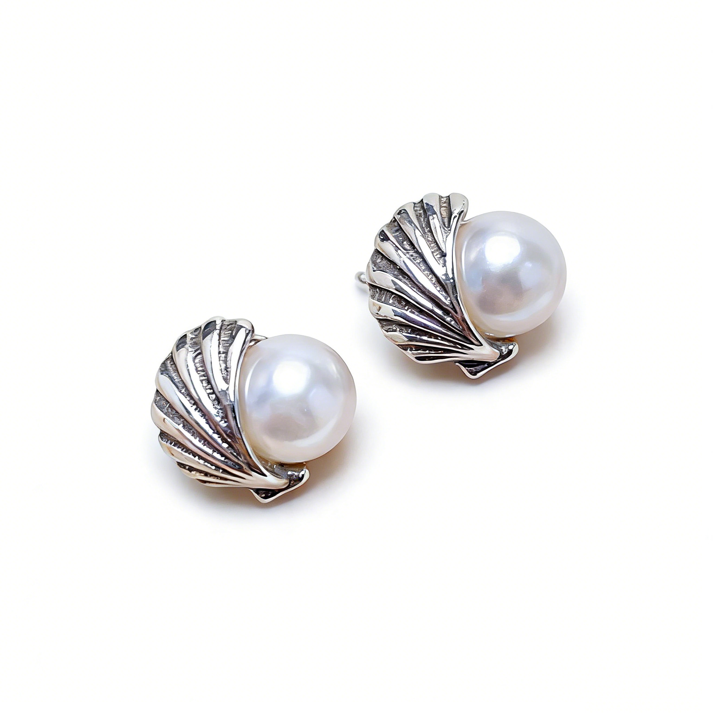 Silver Shell & Pearl Stud Earrings