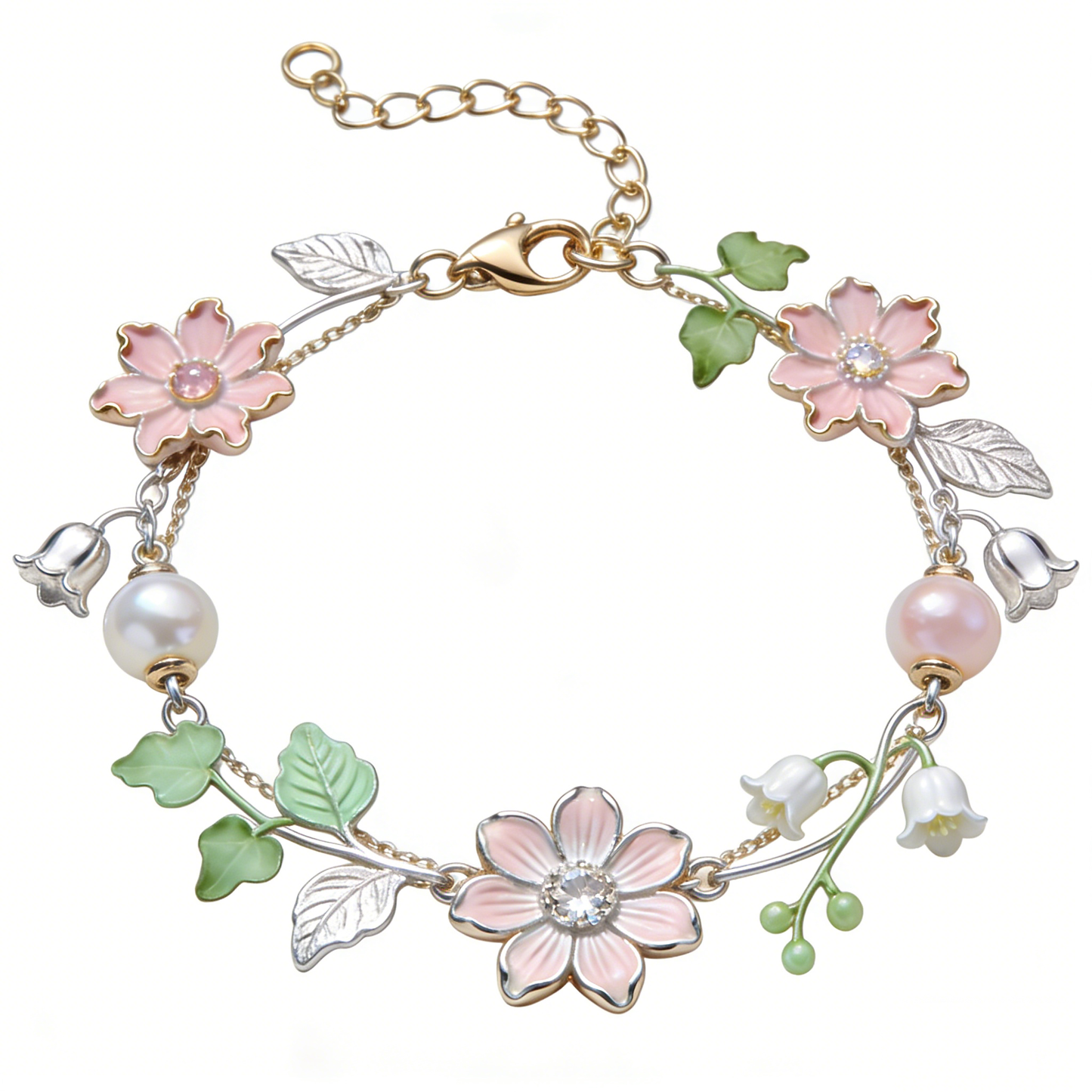 Pink Enamel Flower & Pearl Charm Bracelet