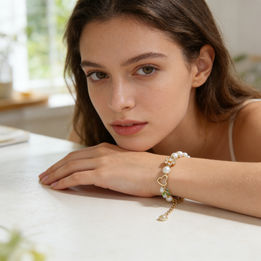 Gold Open Heart & Floral Pearl Bracelet