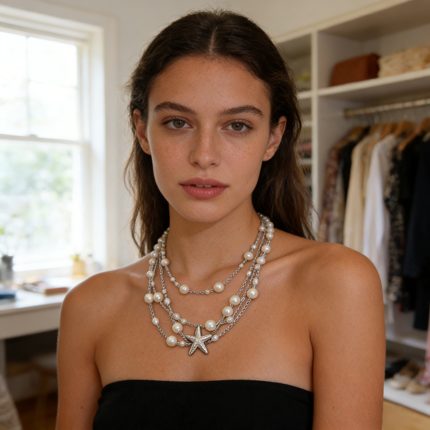 Multi-Strand Pearl & Starfish Pendant Necklace