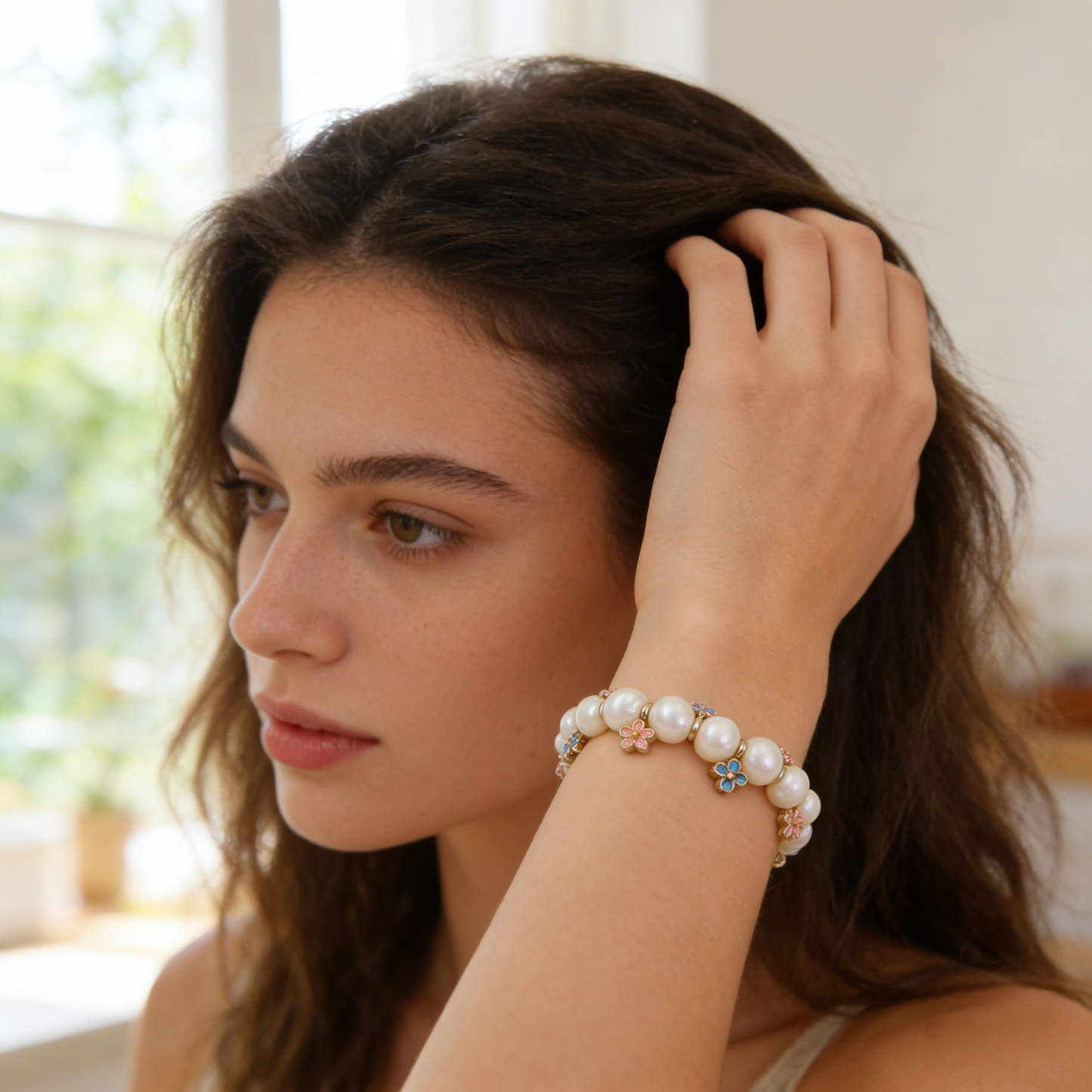 Gold Flower & Pearl Beaded Bracelet