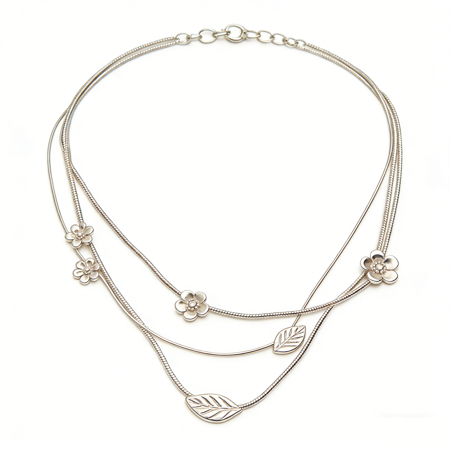 Silver Layered Flower & Leaf Pendant Necklace