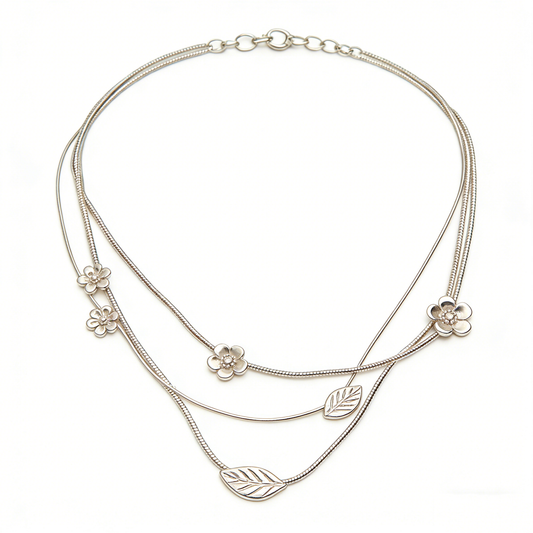 Silver Layered Flower & Leaf Pendant Necklace