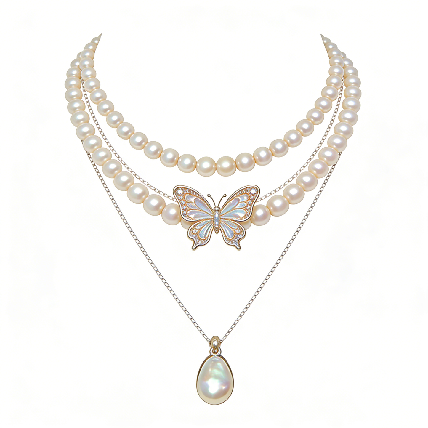 Triple Layer Pearl & Butterfly Pendant Necklace