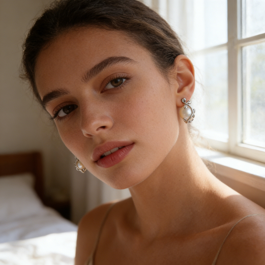 Silver Vine-Wrapped Pearl Stud Earrings