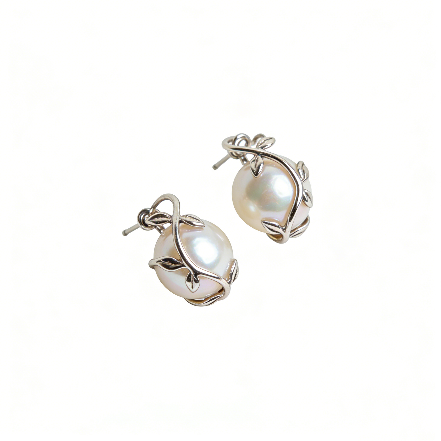 Silver Vine-Wrapped Pearl Stud Earrings