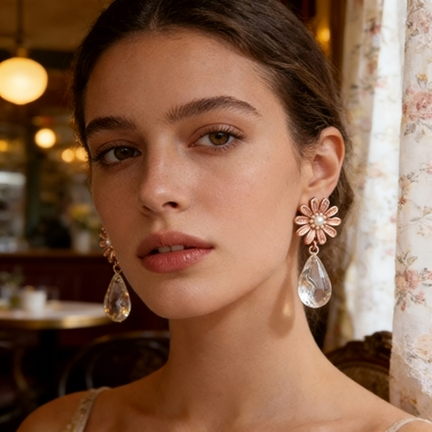 Rose Gold Daisy & Teardrop Crystal Drop Earrings