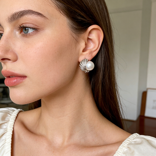 Silver Shell & Pearl Stud Earrings