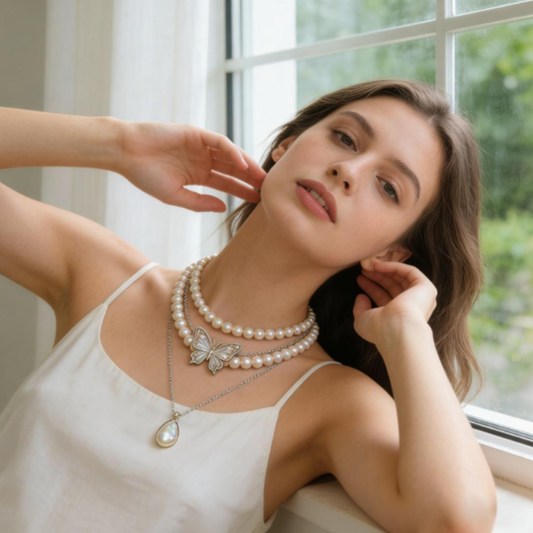 Triple Layer Pearl & Butterfly Pendant Necklace