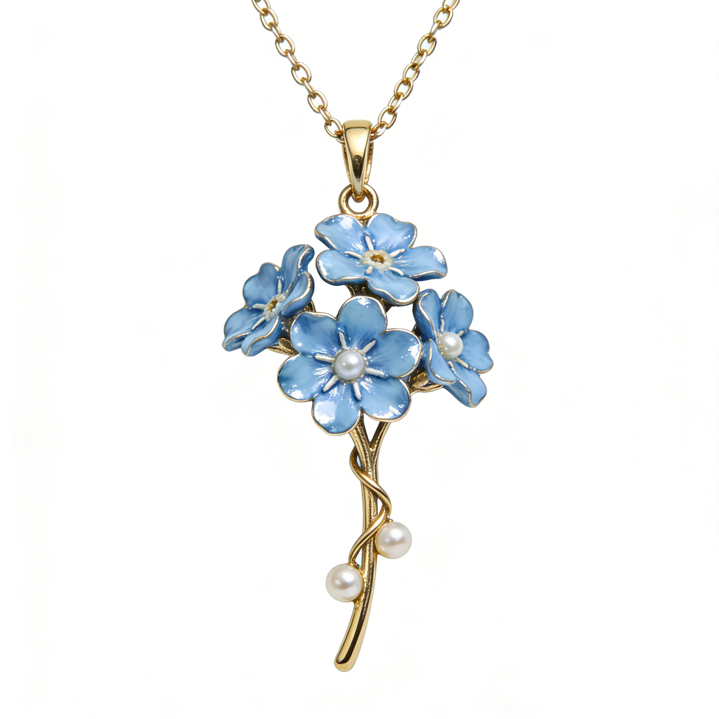 Enamel Blue Flower Bouquet Pendant Necklace