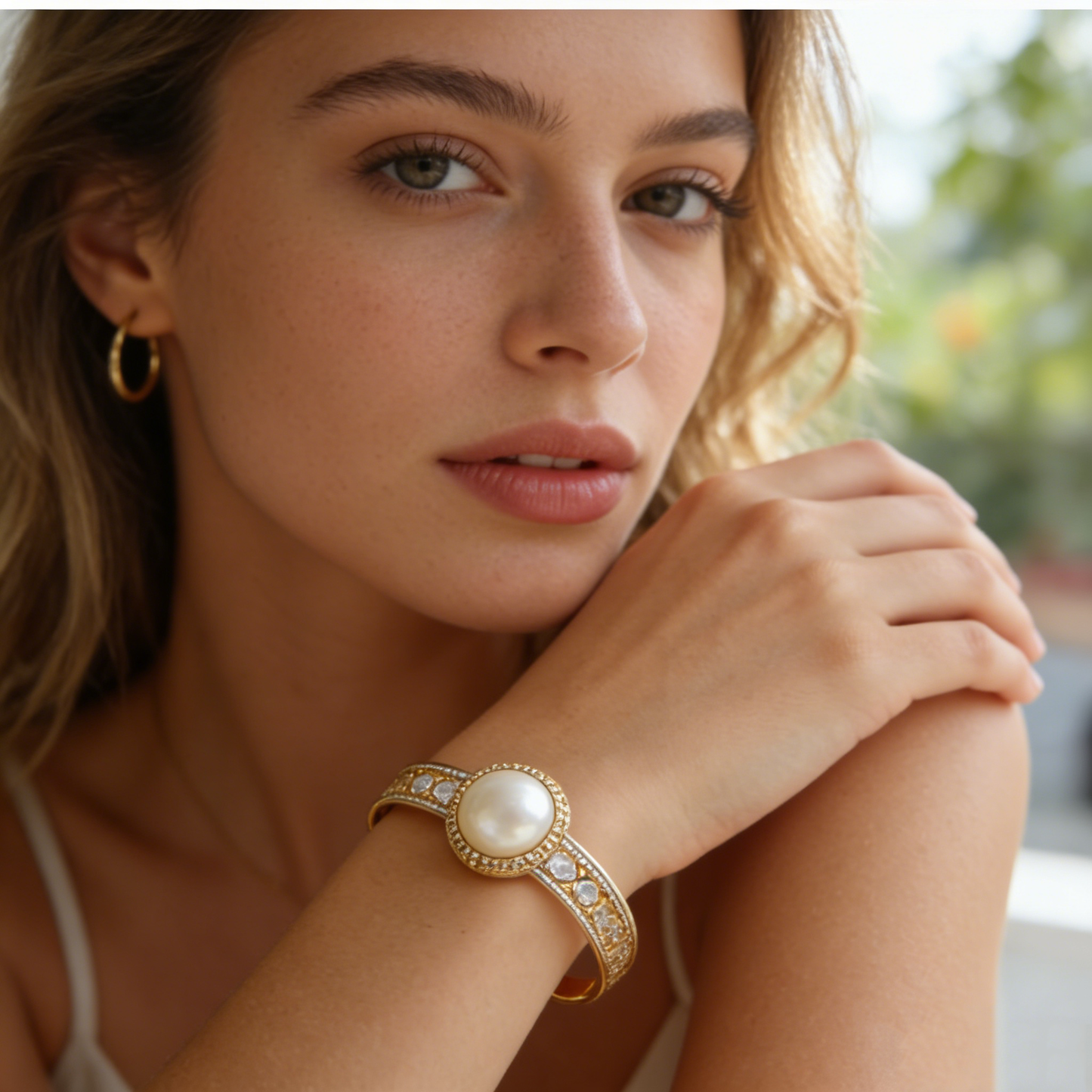 Gold Pearl & Crystal Open Cuff Bracelet