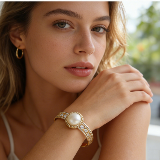 Gold Pearl & Crystal Open Cuff Bracelet