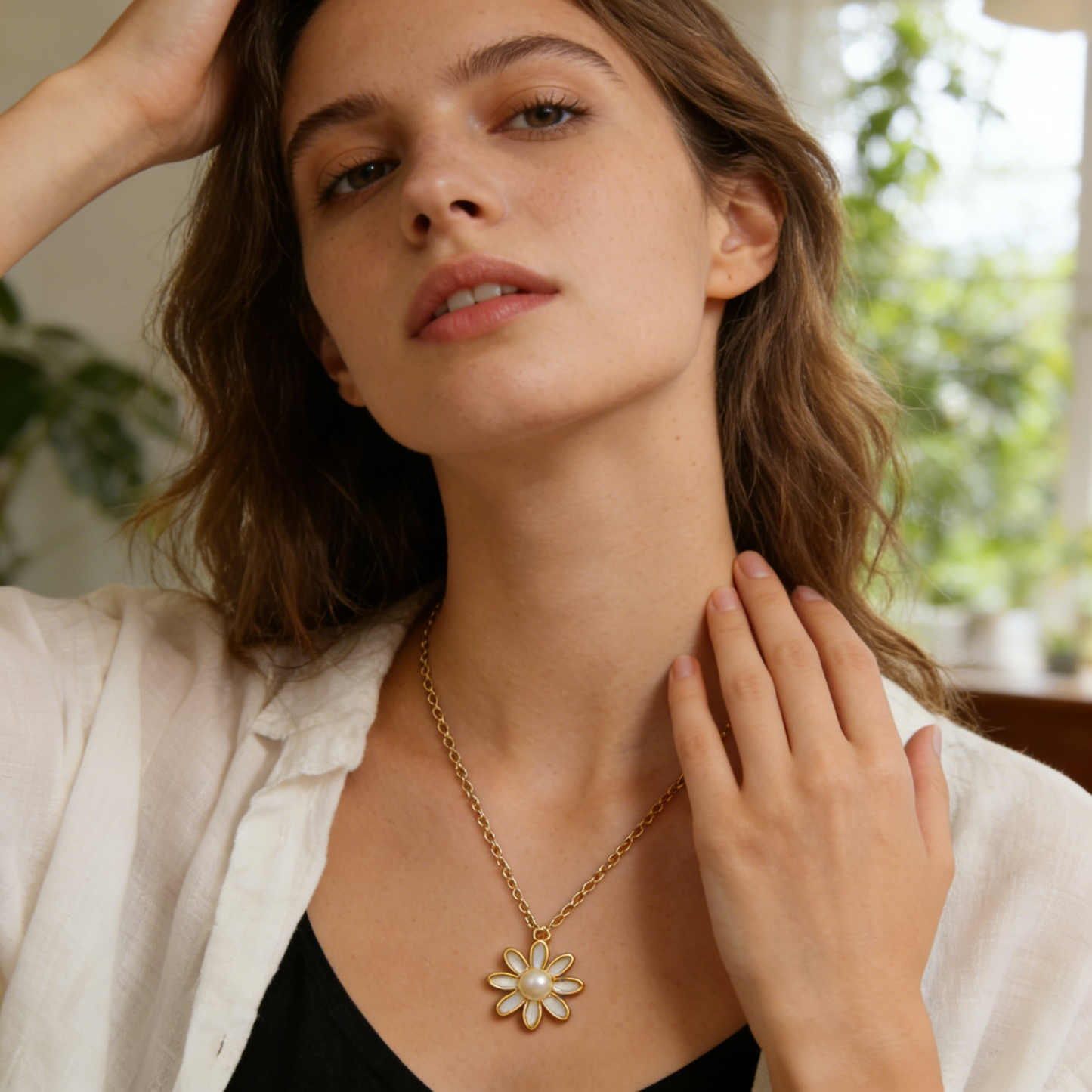 Gold Enamel Daisy Pearl Pendant Necklace