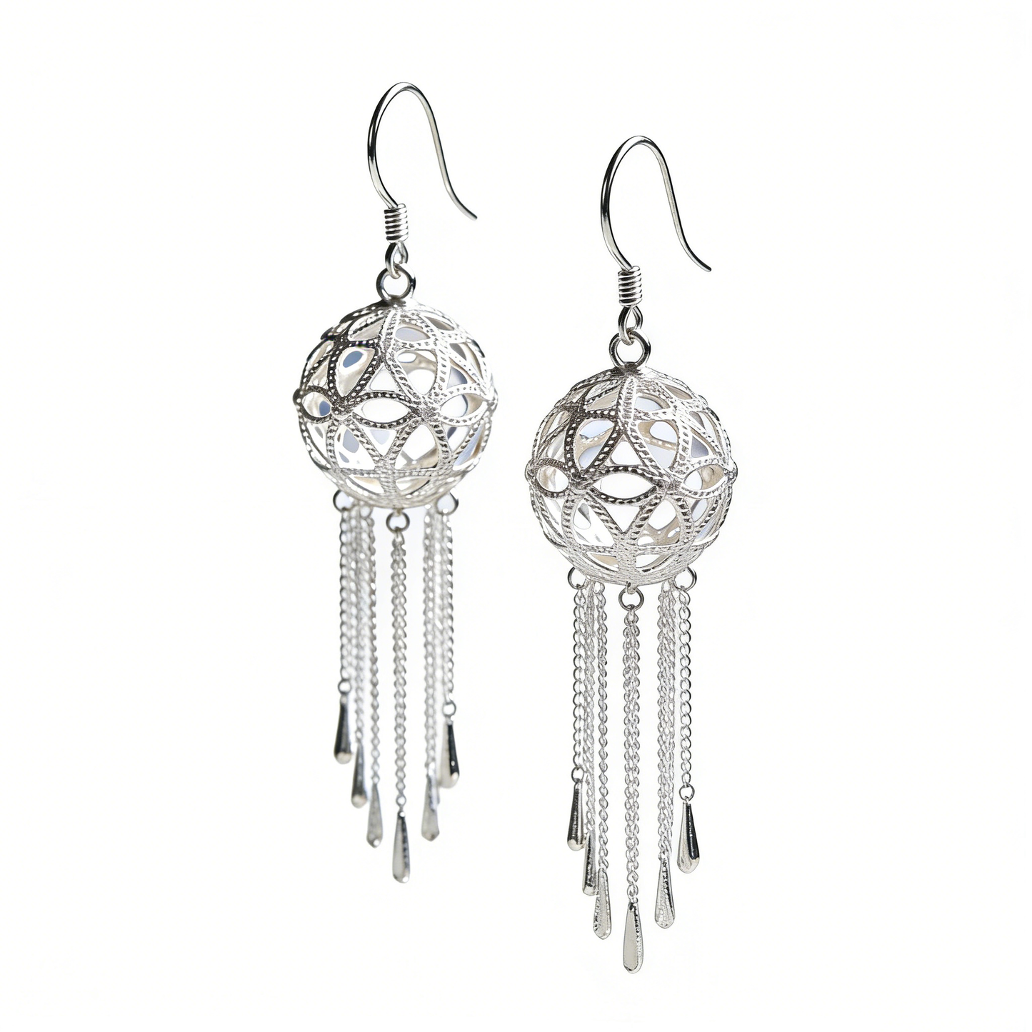 Silver Filigree Ball & Tassel Drop Earrings