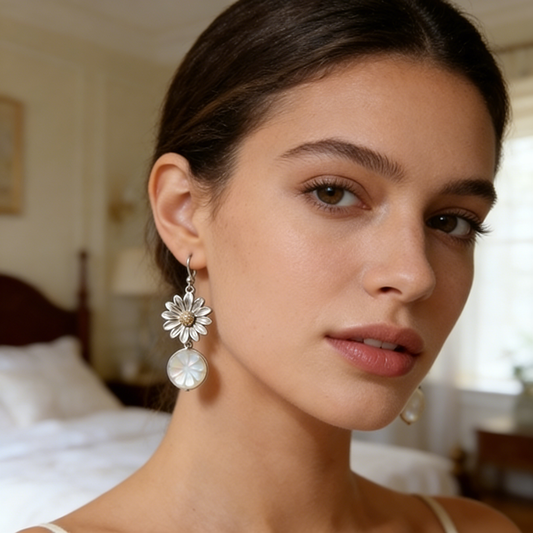 Silver Daisy & Mother-of-Pearl Drop Earrings
