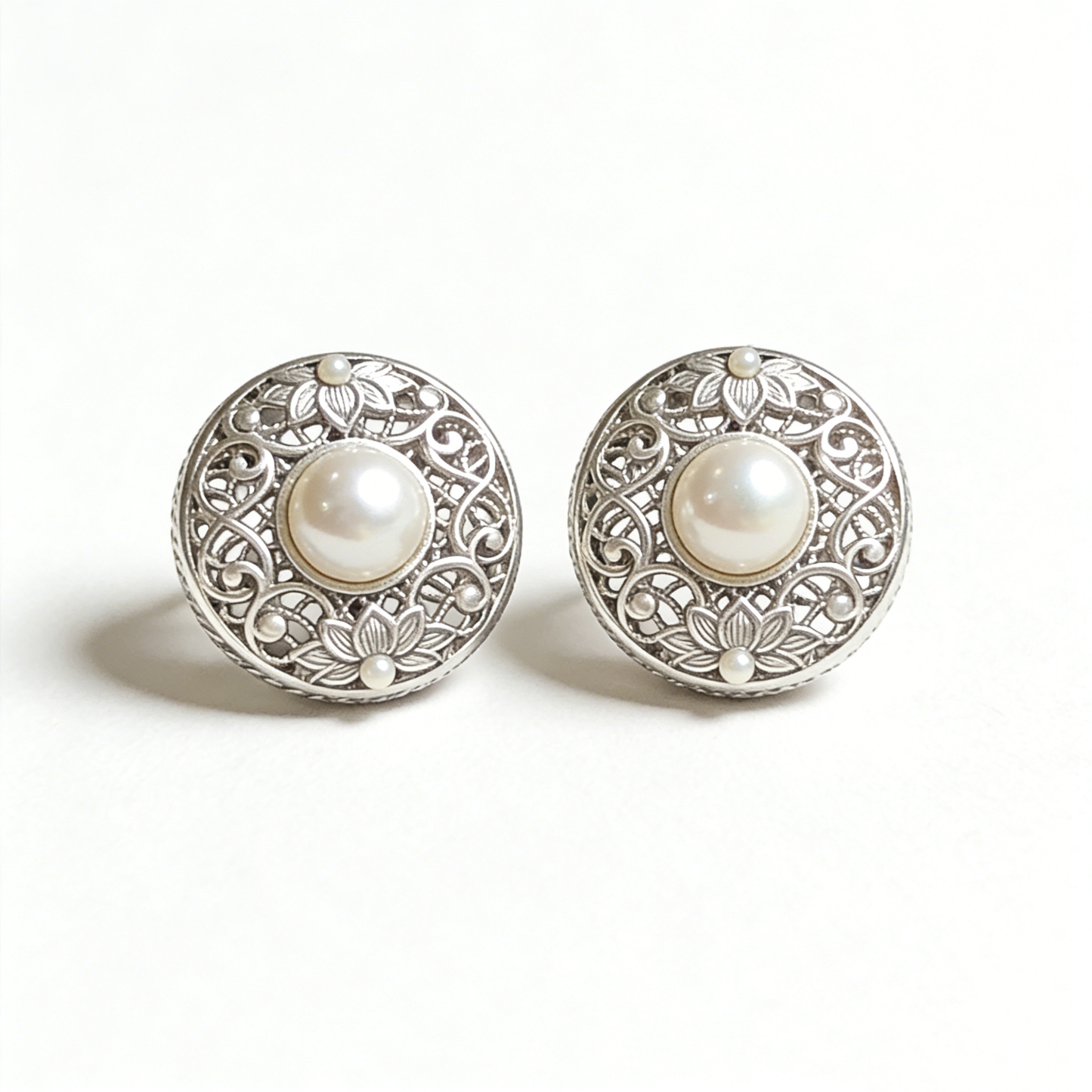 Silver Filigree Floral & Pearl Stud Earrings