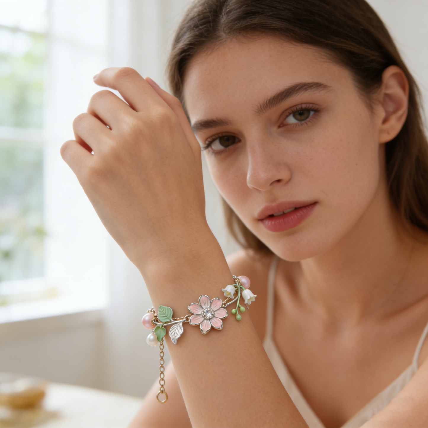 Pink Enamel Flower & Pearl Charm Bracelet