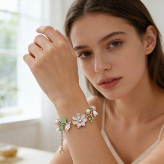 Pink Enamel Flower & Pearl Charm Bracelet