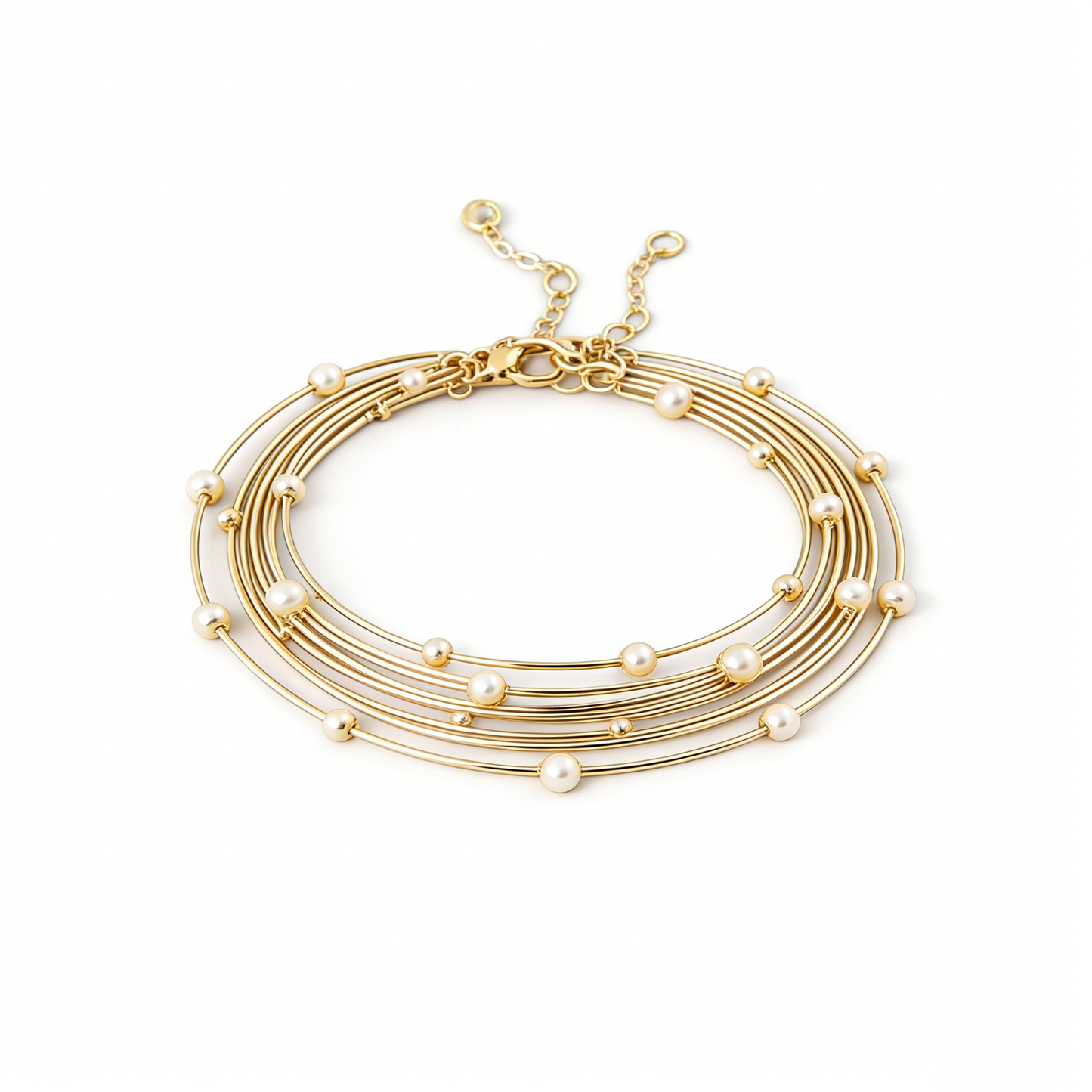 Gold Multi-Layer Wire & Pearl Bangle