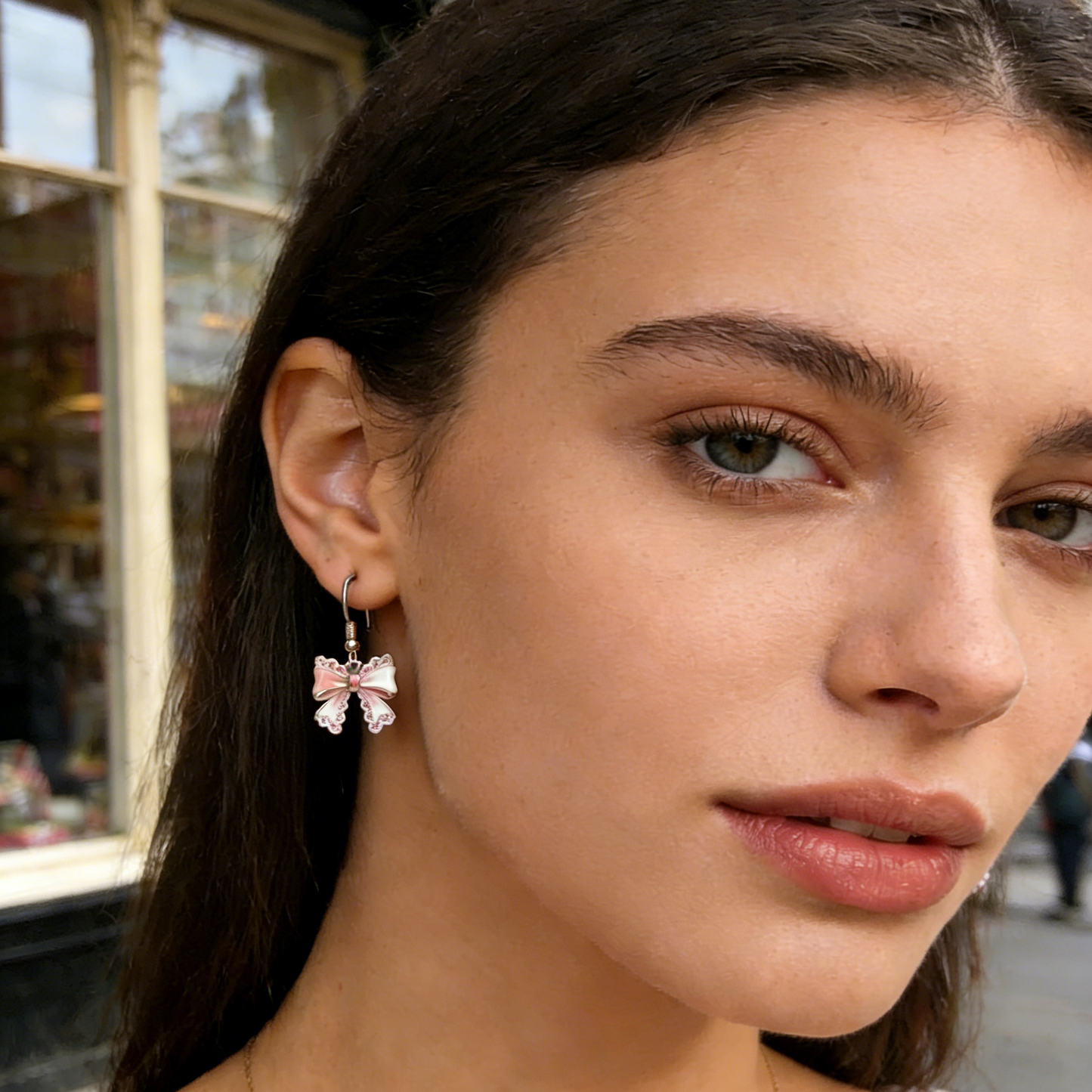 Rose Gold Pink & White Bow Drop Earrings