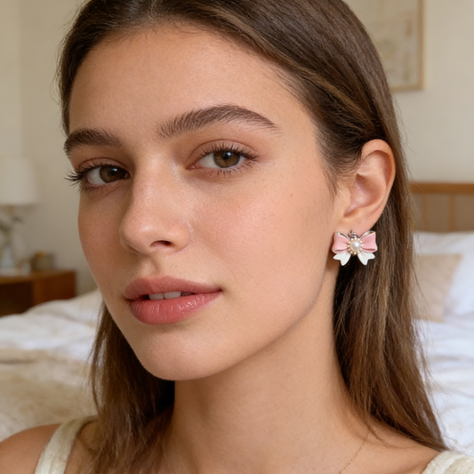 Pink & White Bow Pearl Stud Earrings
