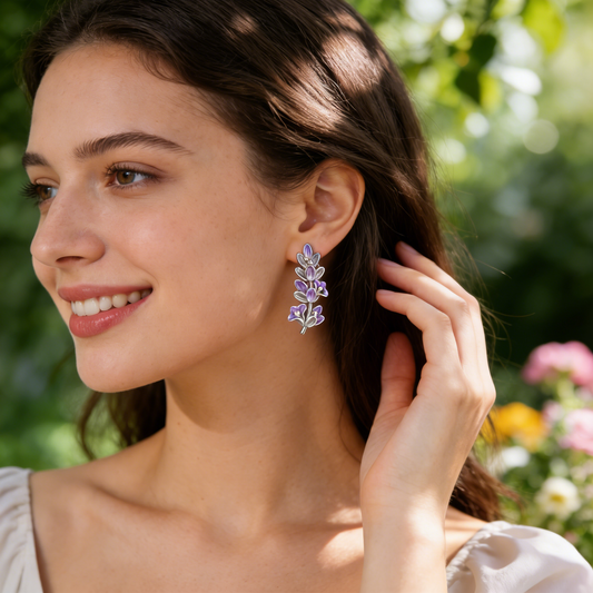 Purple Enamel Lavender & Crystal Drop Earrings