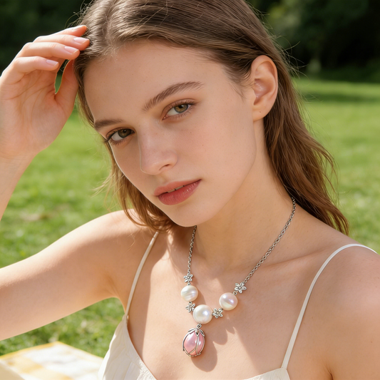 Silver Pearl & Pink Flower Bud Pendant Necklace