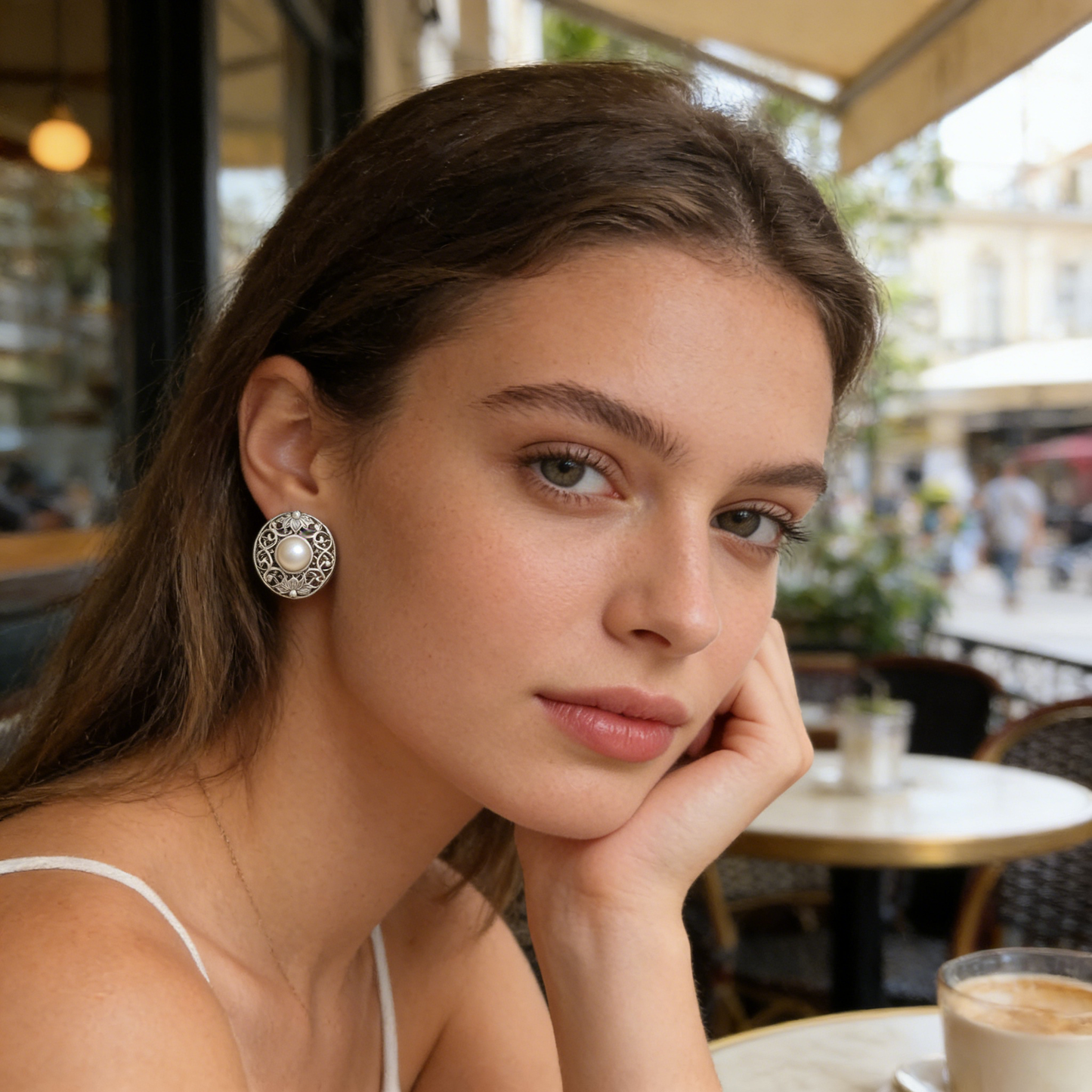 Silver Filigree Floral & Pearl Stud Earrings